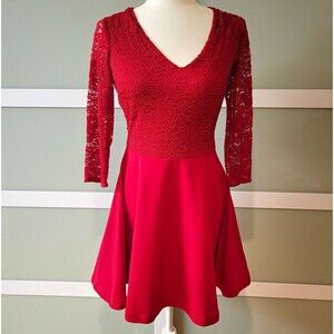B. Darlin Red Lace Fit & Flare Mini Dress Size 7/8 V Neck 3/4 Sleeve